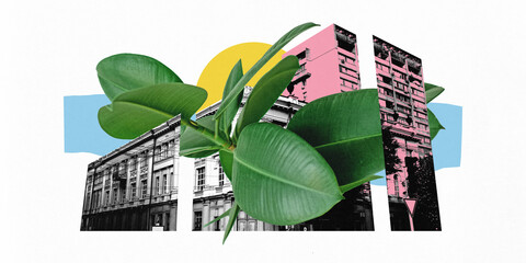 Contemporary art collage. Traditional city architecture with modern high-rise buildings and vibrant...
