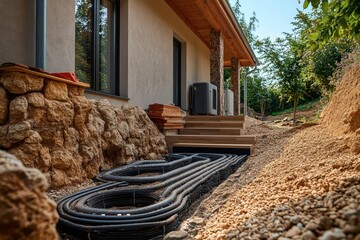 Ground source heat pump installation, showing pipes and outdoor unit. This image depicts a sustainable home energy system, highlighting efficient and eco-friendly technology.