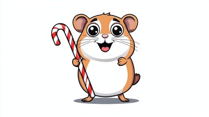 Fototapeta premium Cute Cartoon Hamster Holding Candy Cane in Winter