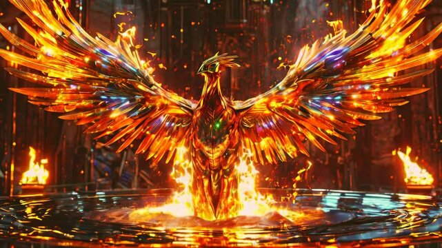 A cybernetic phoenix rising from a pool of molten metal, its wings shimmering with holographic patterns