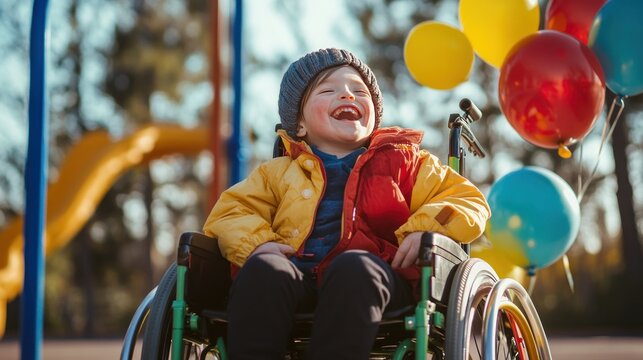 Child Laughing in a Customized Wheelchair, A joyful child in a colorful, custom-designed wheelchair, playing with balloons in a bright playground. 