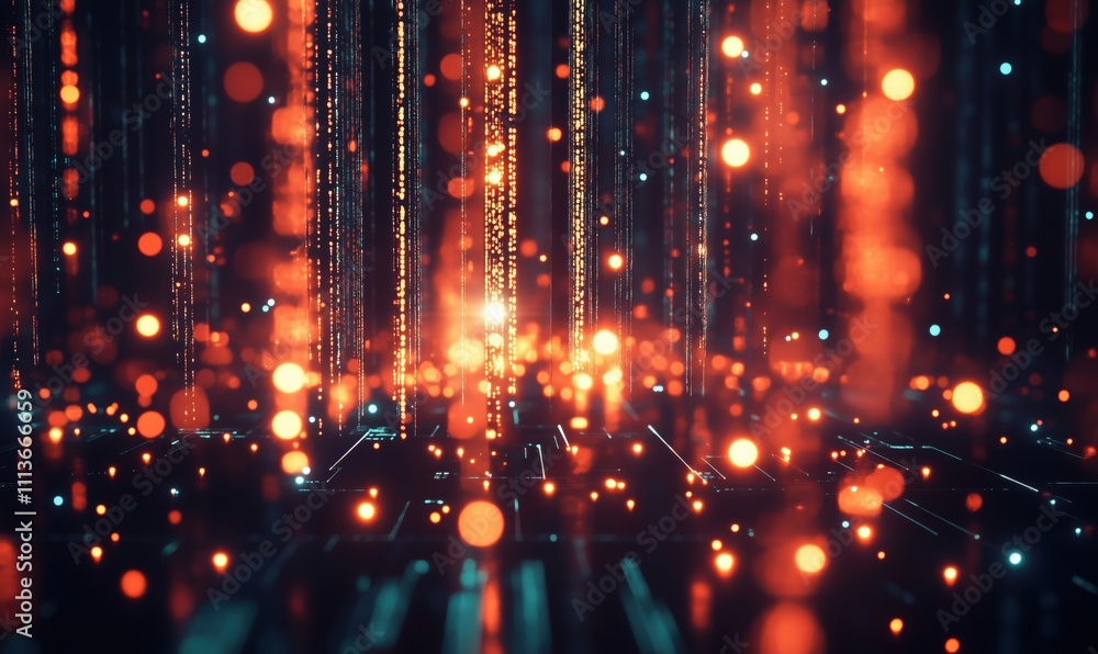 Poster digital data stream with glowing particles and binary code, vibrant colors, abstract technology back