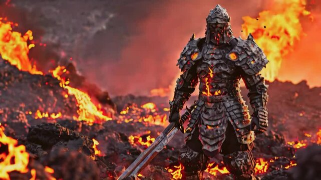 A warrior clad in armor made of volcanic rock and lava, standing in the middle of a fiery battlefield
