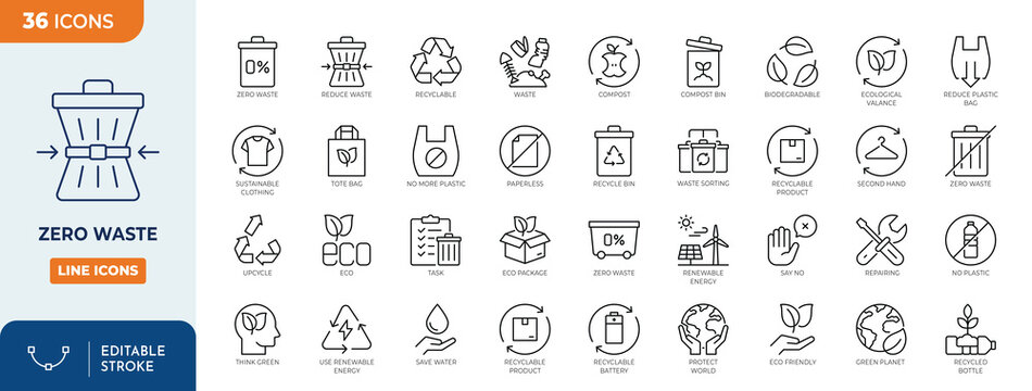 zero waste icon set. Outline Icon Collection. Vector illustration. Editable stroke	