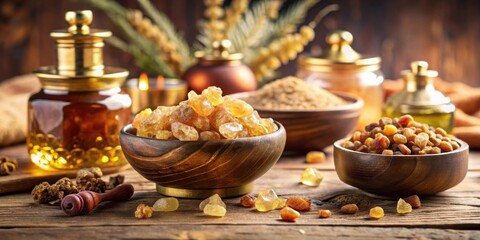 Close-up of gold, frankincense, and myrrh displayed on table, gold, frankincense, myrrh, close-up, luxury, wealth