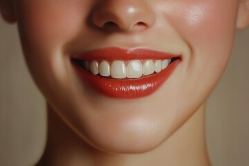 Naklejka premium Bright smile of a woman showcasing healthy teeth with vibrant lipstick in a neutral background