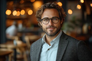 Fototapeta premium Confident Middle Aged Businessman Standing in Café Portrait Smiling Professional Executive in Suit