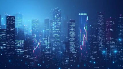 Fototapeta premium Futuristic cityscape at night with glowing skyscrapers and financial chart overlays.
