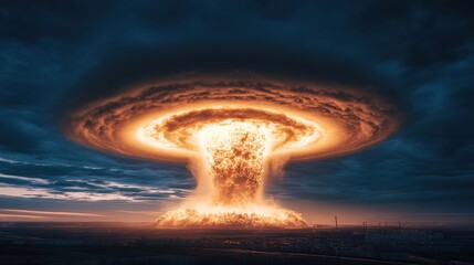 Mushroom of a nuclear explosion in sky of a big city