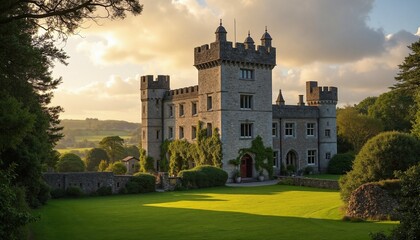 Fototapeta premium Majestic stone castle with towers at sunset, medieval grandeur