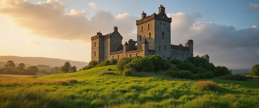 Majestic stone castle on grassy hill at sunset, medieval grandeur