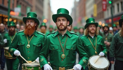 Men in green marching in St. Patrick's Day parade, Irish tradition