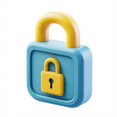 Bright Blue and Yellow 3D Icon of Secure USB Drive with Lock on White Background
