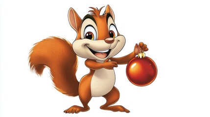 Naklejka premium Cheerful Cartoon Squirrel Holding Christmas Ornament in Forest Setting