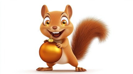 Fototapeta premium Cheerful Cartoon Squirrel Sitting and Holding a Golden Acorn Ball