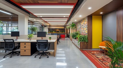 Modern Office Interior Design with Plants and Colorful Details