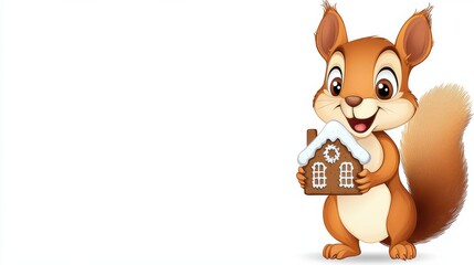 Fototapeta premium Adorable Cartoon Squirrel Holding Acorn in Woodland Nature Scene