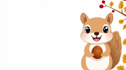 Obraz premium Cute Cartoon Squirrel Holding an Acorn in Autumn Forest Scene