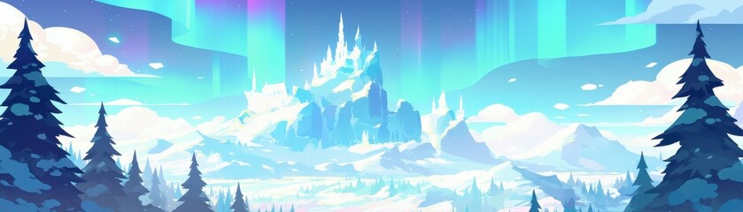 Fototapeta premium Wide winter banner. Majestic icy landscape with auroras and towering peaks.