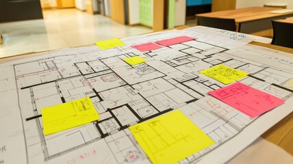Detailed floor plans on a blueprint with highlighters and sticky notes marking changes, representing construction planning and design.