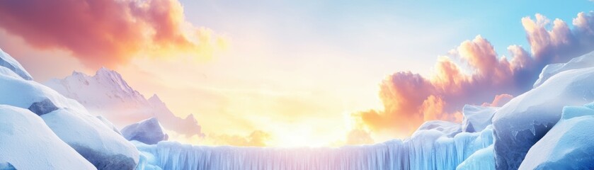 Wide winter banner. Vibrant sunrise over icy landscape with clouds and cascading waterfall.