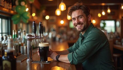 Smiling man enjoys stout at cozy pub, St. Patrick's Day cheer