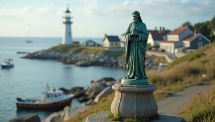 Fototapeta premium Statue overlooking coastal lighthouse, maritime spirituality