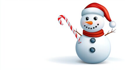 Cheerful Snowman with Red Hat and Candy Cane Posing on White Background