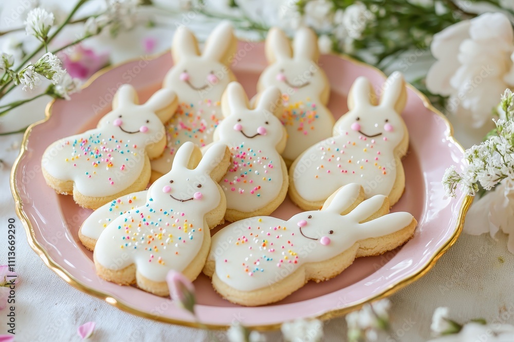 Wall mural bunny shaped sugar cookies on a pastel plate