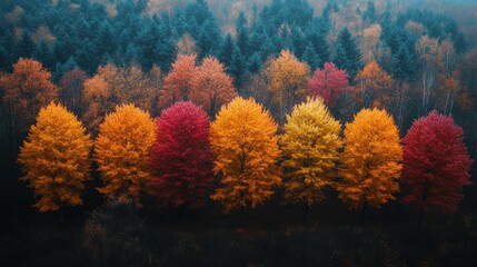 a group of trees with different colors of leaves