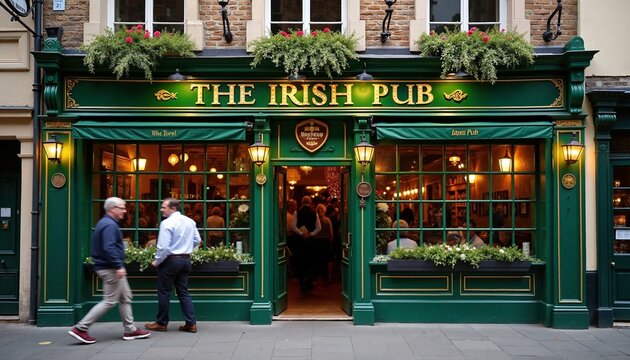 Vibrant Irish pub facade with patrons, traditional atmosphere