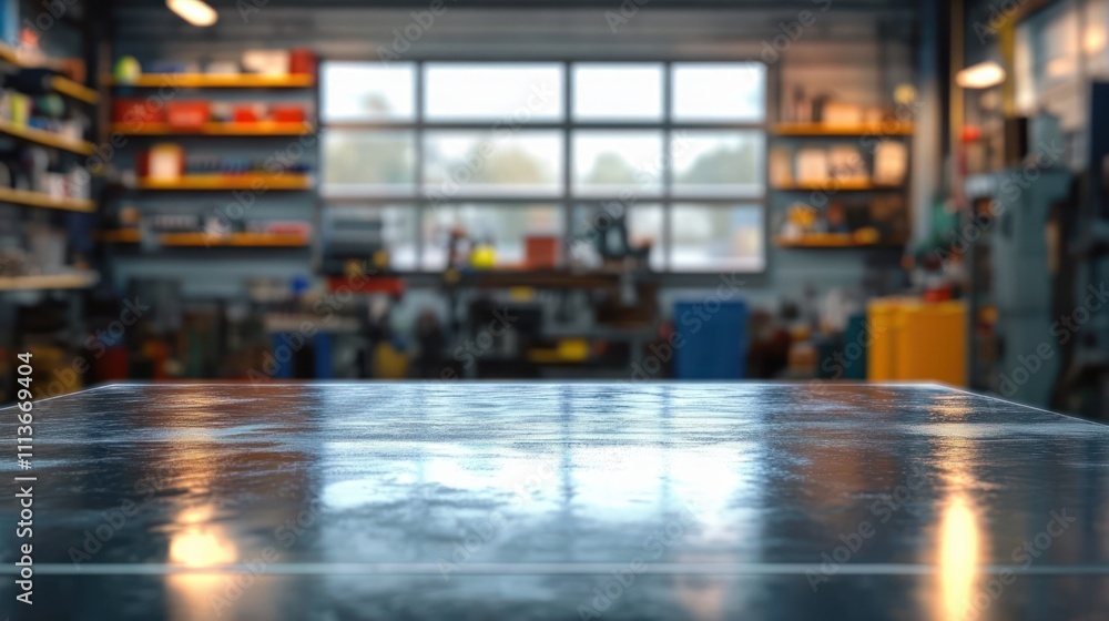 Poster hyper-realistic industrial workshop with polished metal desk surface and blurred shelves in backgrou