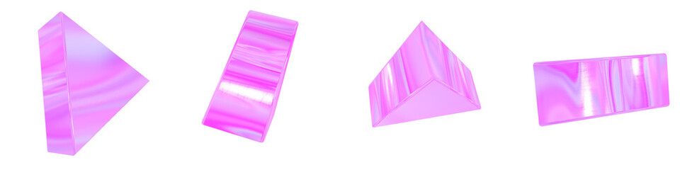 Set of 4 3d iridescent triangular prism isolated on a transparent background. Pink tone. 3d elements for graphic design.