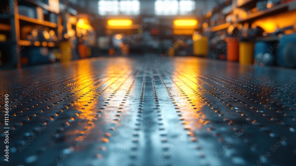 Poster metal table in workshop with blurred background and copy space for hobbies and crafts