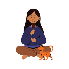 Illustration of a Girl Playing with Her Cat