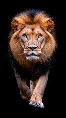 Fototapeta premium Lion walking through a dark, isolated on black background