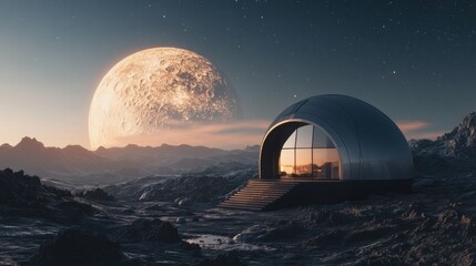 Futuristic Dome Home on Alien Planet Under Large Moon