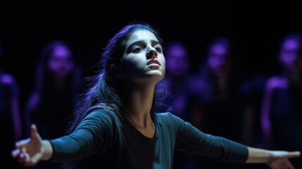 Fototapeta premium A young female dancer expresses emotion on stage with dramatic lighting in the background.
