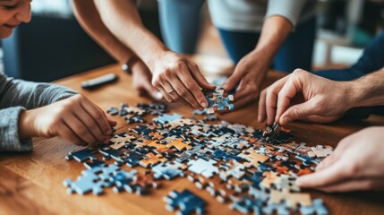 Family assembling colorful jigsaw puzzle together on wooden table.