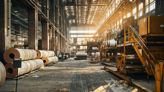 A high-tech recycling factory where waste paper is converted into fresh, usable paper rolls, showcasing modern sustainable production methods.