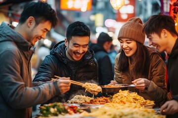 Group of Friends Exploring a Bustling Street Market Tasting Delicious Foods and Enjoying the