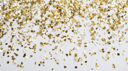 Golden Confetti Scattered on a Pristine White Background - Perfect Festive Texture for Celebrations and Parties.