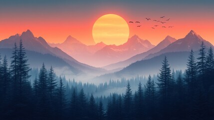 a landscape of mountains with trees and birds