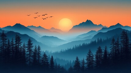 Obraz premium a landscape of mountains with trees and birds