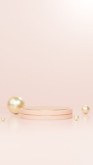 Background featuring an empty product display mockup with a pink backdrop and abstract geometric platforms designed for showcasing merchandise in portrait orientation.