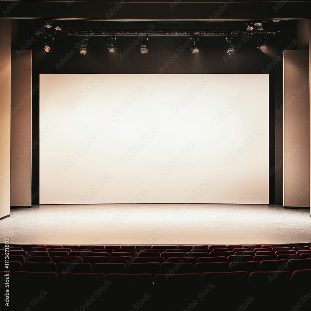 Poster spacious theater with empty seats and a bright stage, creating an inviting atmosphere.