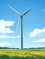Fototapeta premium Lone Wind Turbine Amid Lush Grassland and Serene Sky Sustainable Power