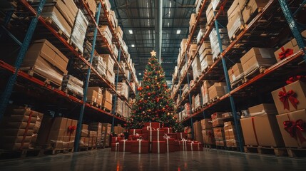 Naklejka premium Festive Warehouse with Christmas Tree, Decorated Shelves, and Gift Boxes Spreading Holiday Cheer