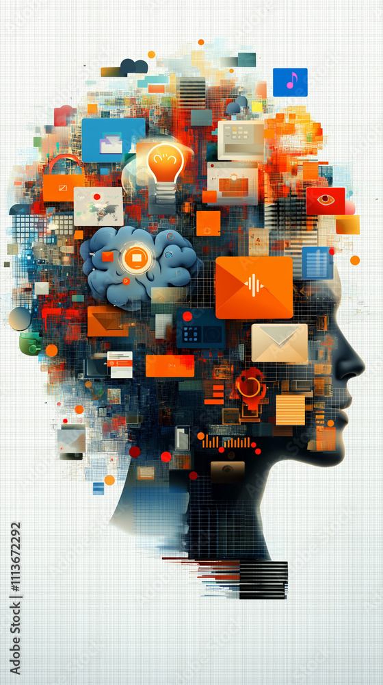 Poster brain rot internet communication concept. digital artwork featuring a conceptual brain breakdown wit