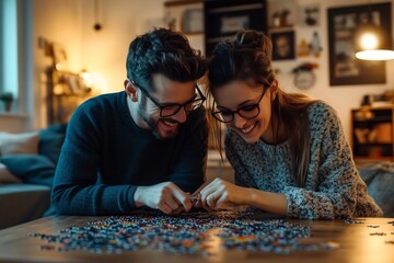 Fototapeta premium Affectionate Couple Bonding Over Puzzle in Cozy Living Room